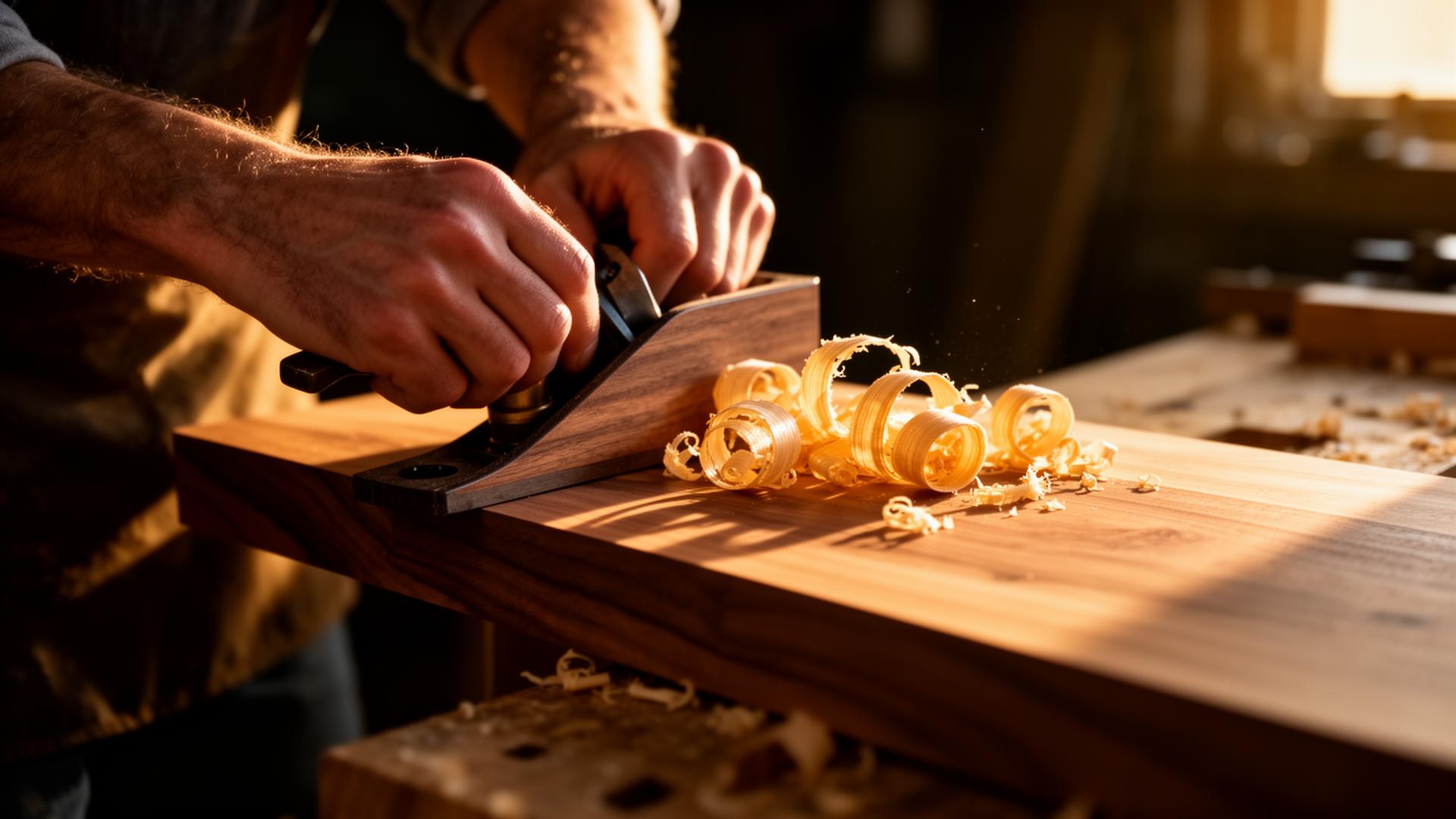 Master carpenter planing walnut
